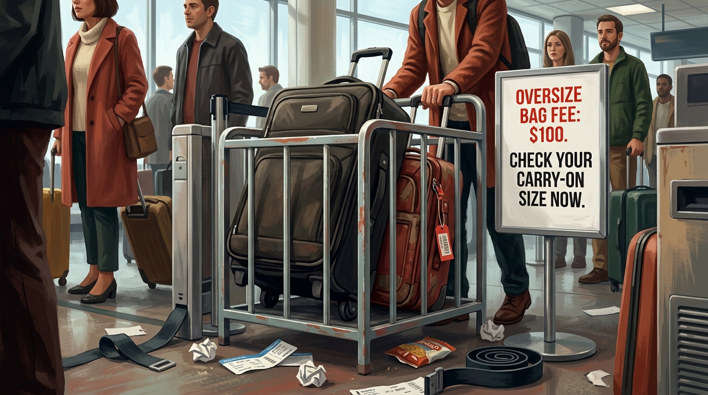 Watercolor illustration of A tense gate scene built around a freestanding metal bag-sizer cage at a boarding gate, its bars catching cold light, wi