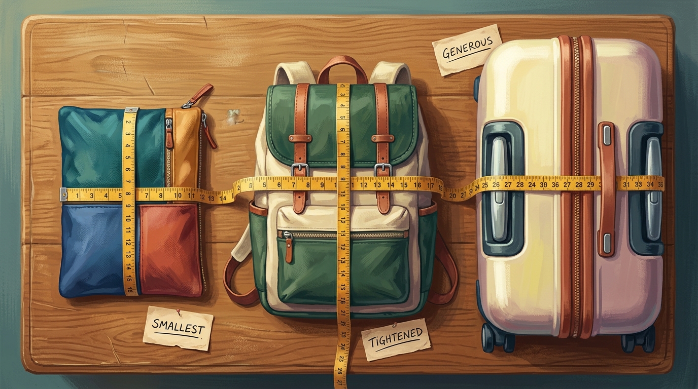 Watercolor illustration of An overhead flat-lay on a warm oak desk of three cabin bags of visibly different sizes lined up side by side, from a tin