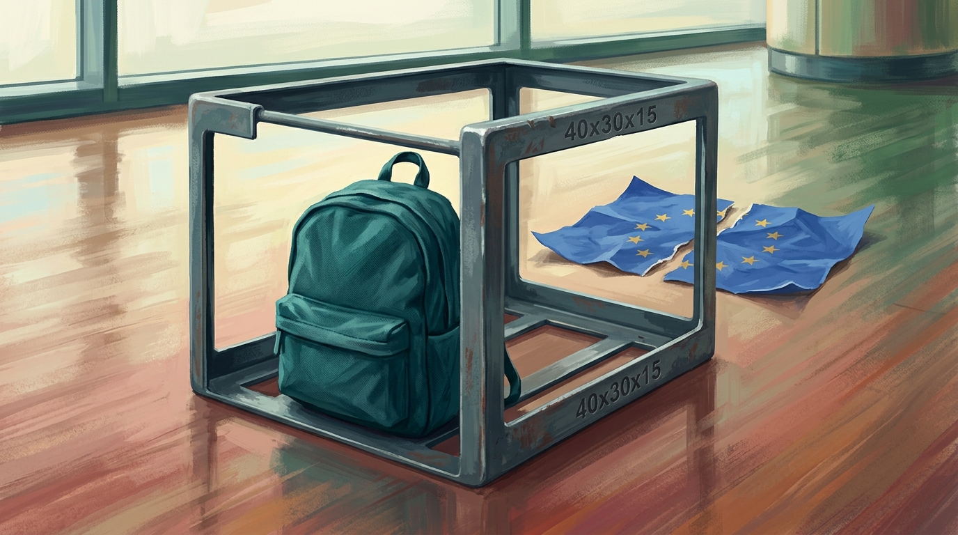 Airport bag-sizer cage with a tiny backpack inside next to a torn EU paper, illustrating EU hand luggage rules 2026