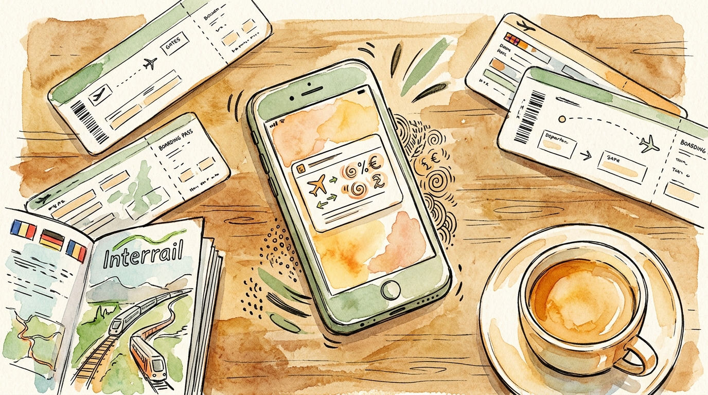 Aquarell-Illustration: Flugtickets, Bahnpass und Kaffee auf einem Holztisch