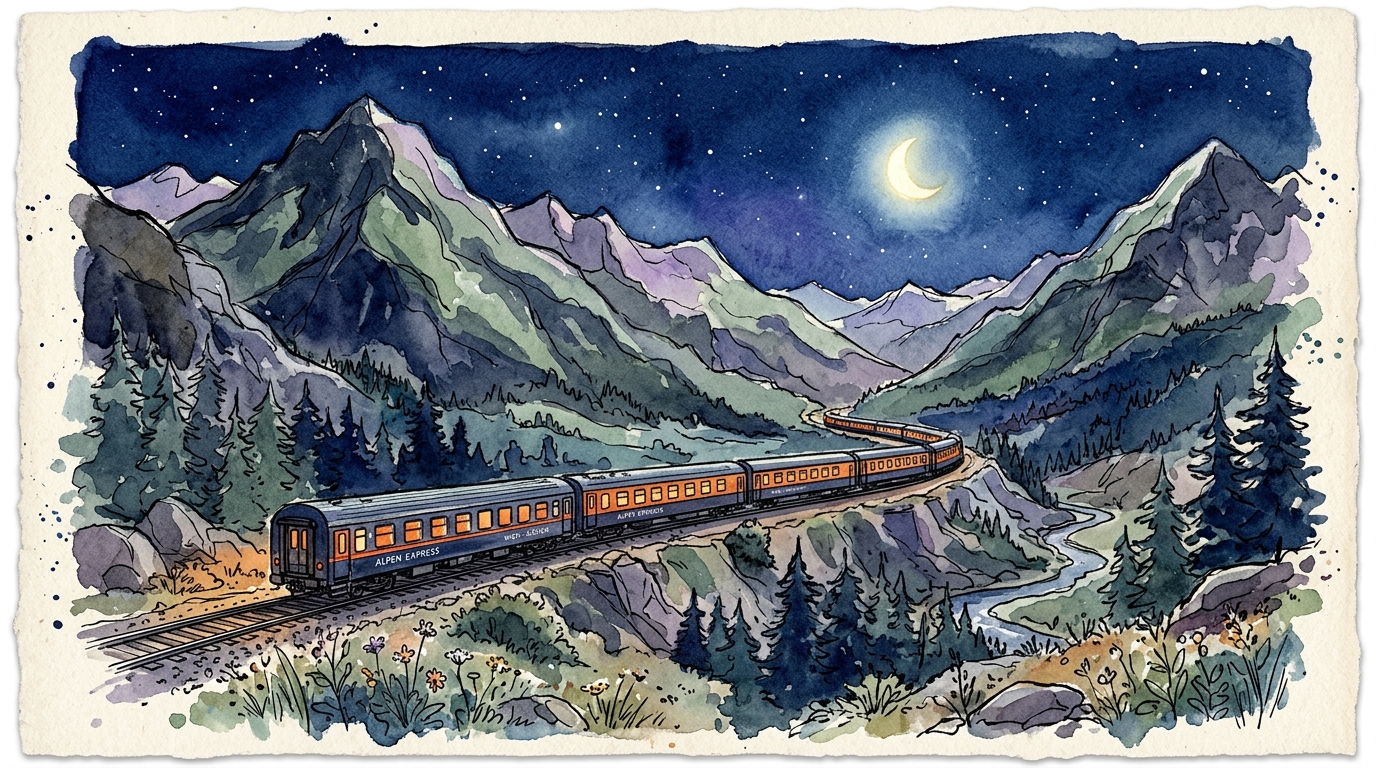Aquarell-Illustration: Europäischer Nachtzug fährt durch eine Berglandschaft