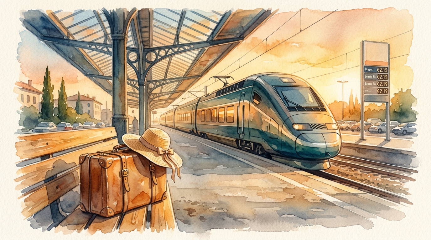 Watercolor illustration of a European train station platform in summer golden light with a high-speed train, vintage suitcase and sun hat on a bench, representing summer 2026 budget travel