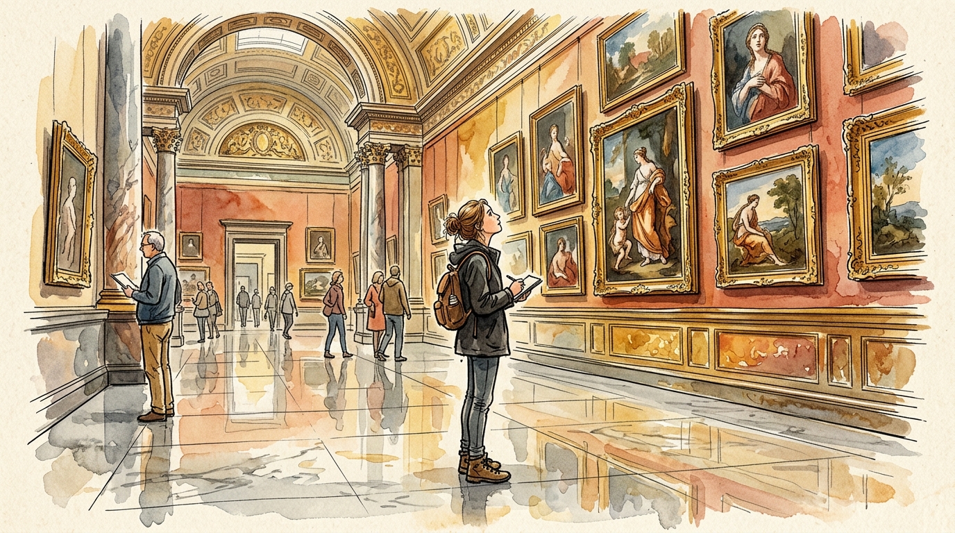 Watercolor illustration of a young traveler standing in a grand museum gallery, gazing up at classical paintings on a high wall