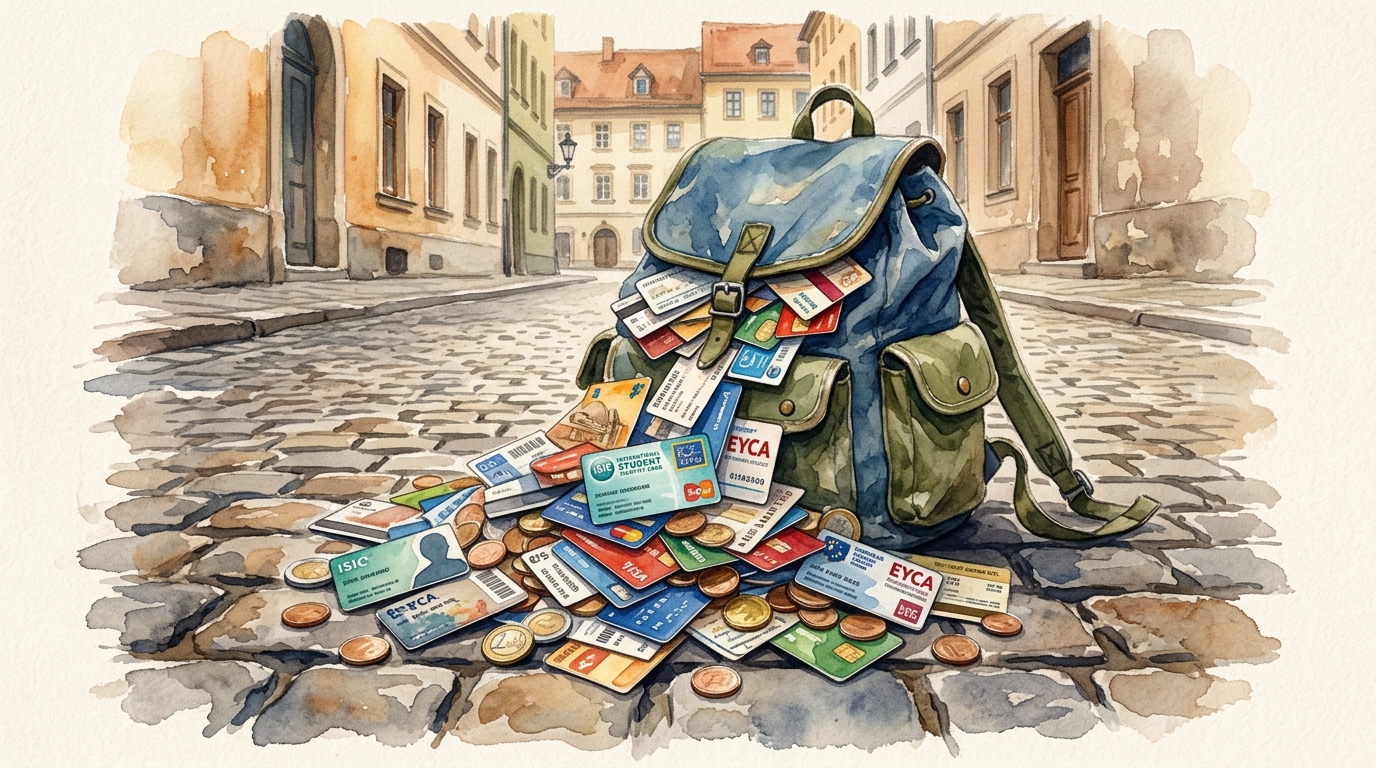 Watercolor illustration of a student backpack overflowing with discount cards, train tickets, museum passes, and euro coins spilling across cobblestones, representing student travel discounts 2026