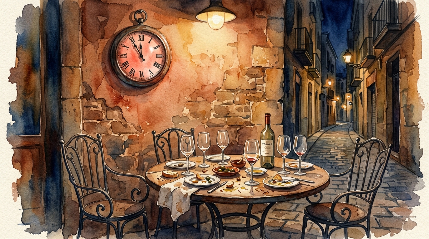Aquarell einer Barceloneser Restaurantterrasse im Freien bei Nacht, leicht von oben: sechs leere Weingläser und sechs kleine Tapas-Teller