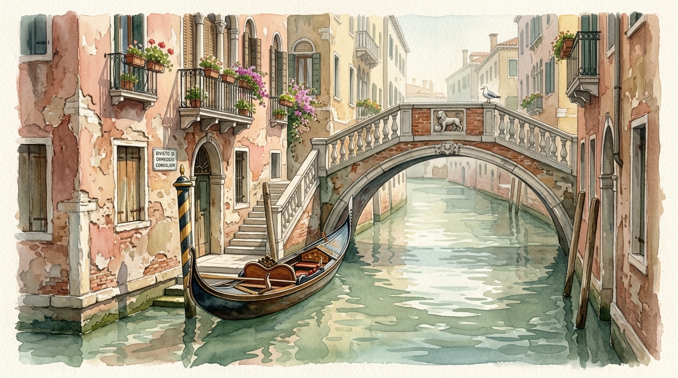 Aquarell einer Venezianer Kanalszene am Mittag: ein schmaler grüner Wasserweg zwischen alten roséfarbenen und ockerfarbenen Palazzo-Wänden