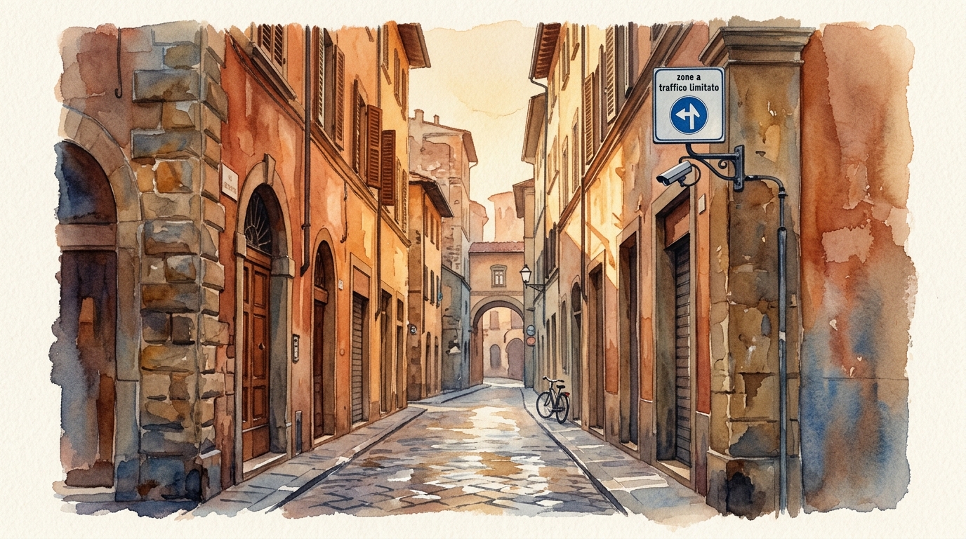 Aquarell einer engen historischen italienischen Stadtstraße – wie man sie in Florenz oder Bolognas Centro storico findet – am späten Nachmittag