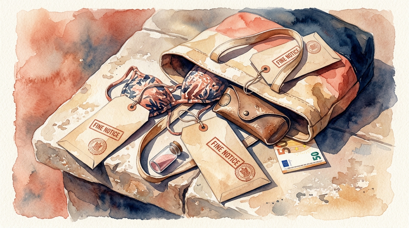 Watercolor illustration of a symbolic still life: a beach tote bag lying open on a sun-bleached stone surface, spilling out a crumpled bikini top, , representing tourist fines Europe 2026 what not to do