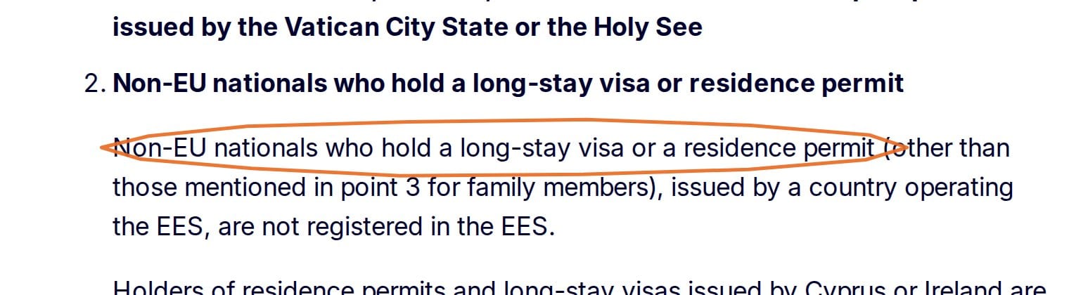 The European Commission's official EES exemptions page naming long-stay visa and residence permit holders as exempt.