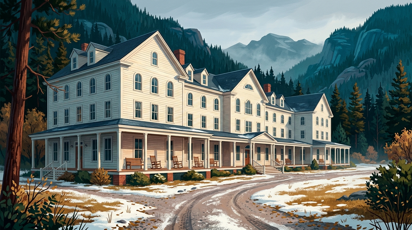 Die weiße georgianische Fassade des Stanley Hotel in Estes Park, Colorado