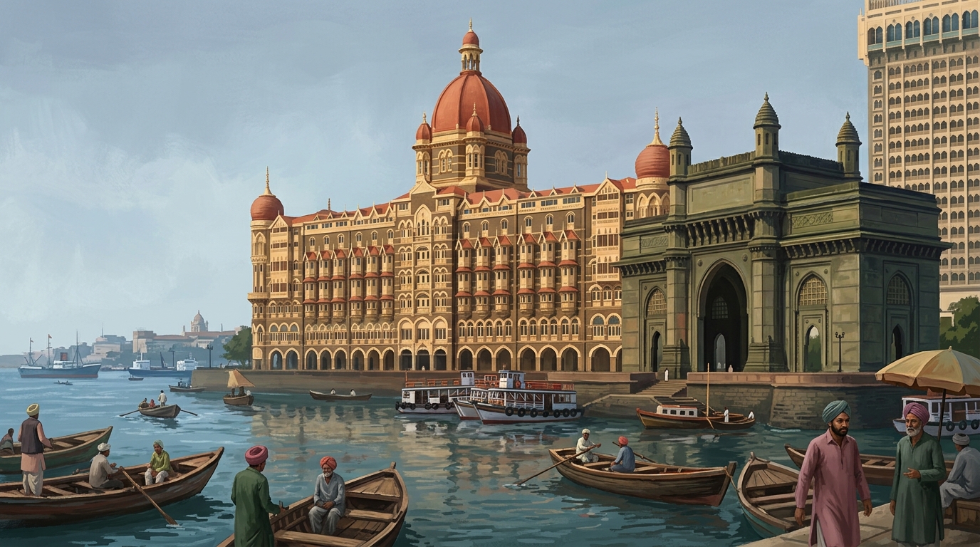 Das The Taj Mahal Palace mit seiner Kuppel an der Uferpromenade von Mumbai