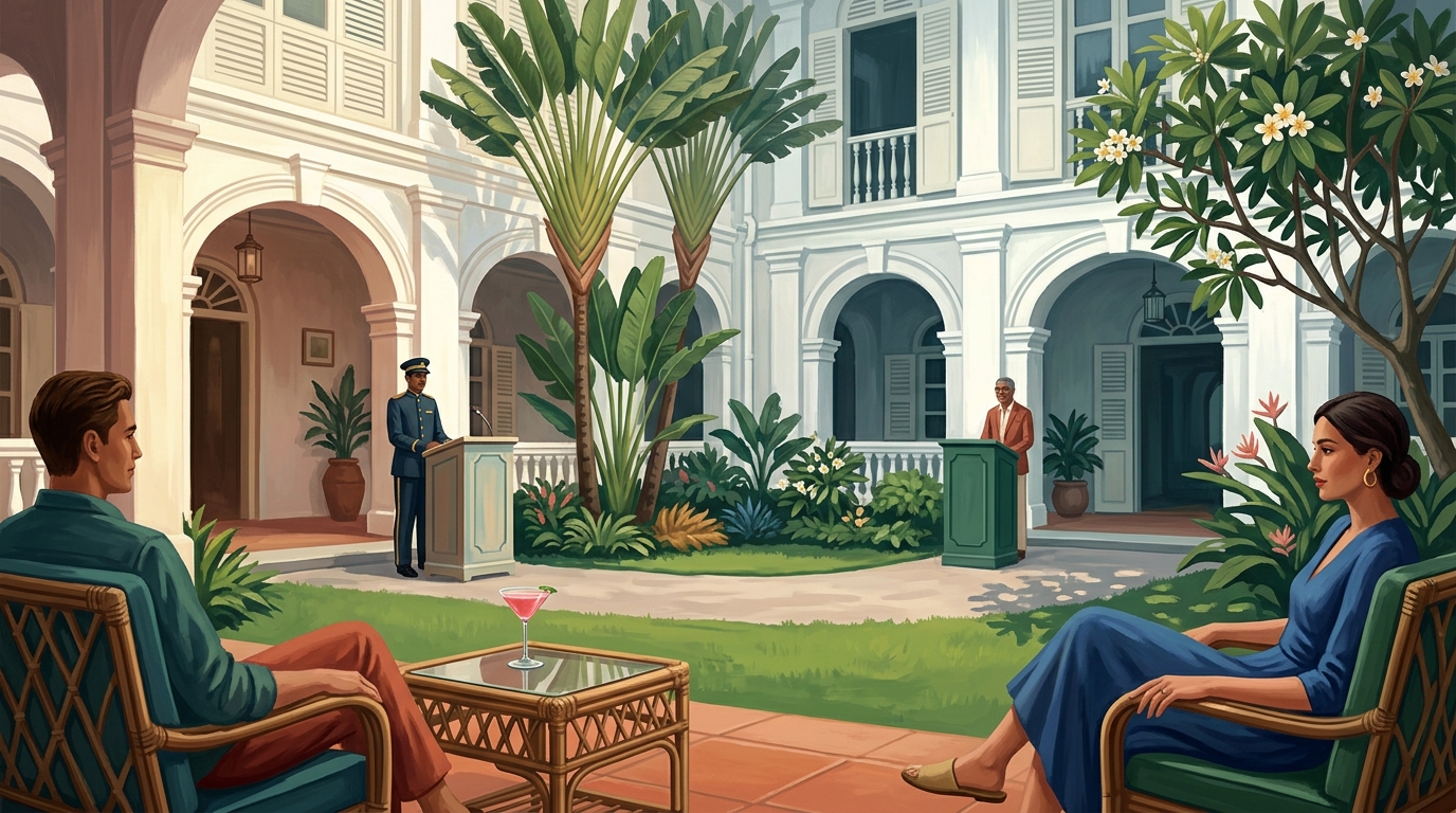Die weiße koloniale Fassade des Raffles Hotel Singapur