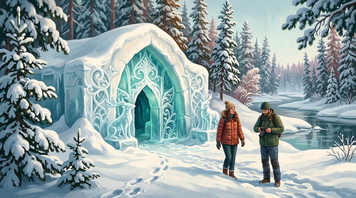 Der schneebedeckte Eingang des ICEHOTEL in Jukkasjärvi, Schweden
