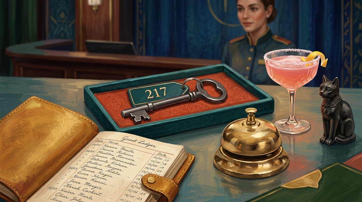 Illustration eines eleganten Hotel-Concierge-Tresens mit Messingglocke, altem Zimmerschlüssel 217, geöffnetem Gästebuch und einem rosafarbenen Cocktail