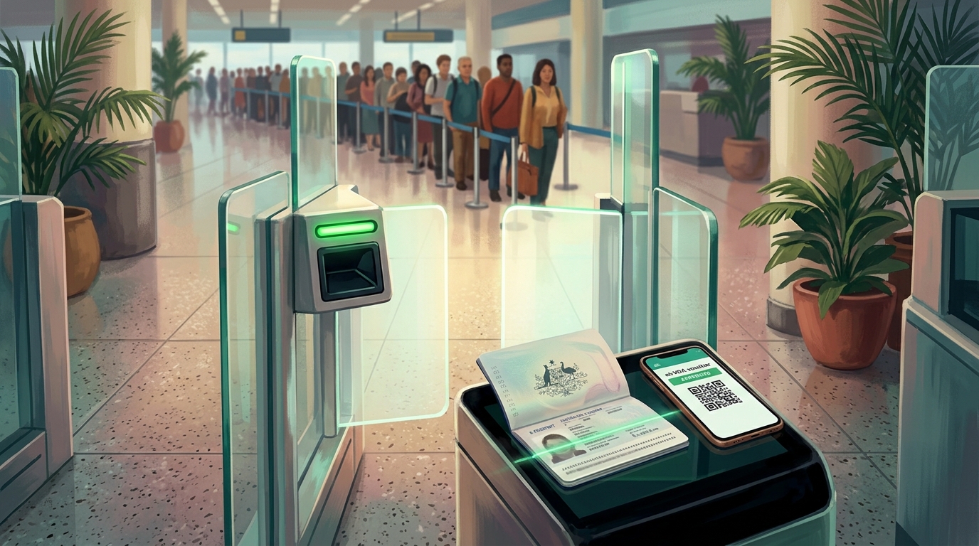 Watercolor illustration of An automated airport e-Gate at an arrivals hall, the glass biometric gate standing open with a glowing green approval in