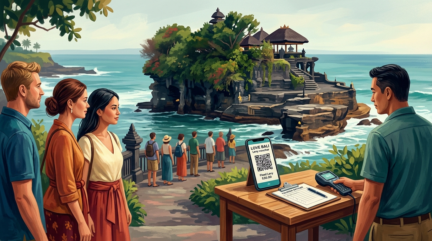 Watercolor illustration of The iconic sea temple of Tanah Lot perched on its rocky tide-washed outcrop in Bali, dark volcanic stone tiers and a tha