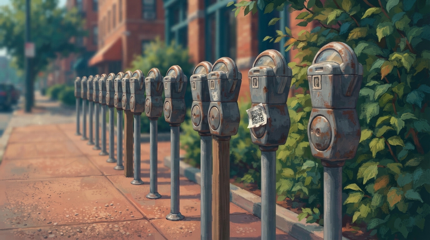 Editorial illustration of A sunlit sidewalk lined with a dozen identical coin operated parking meters standing in an orderly row, ordinary and unr