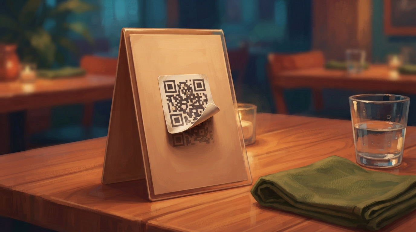 Editorial illustration of A laminated restaurant table tent stands upright on a wooden dining table, its blank front panel bearing only a single Q
