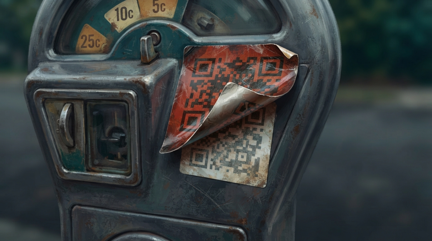 Editorial illustration of A weathered parking meter fills the frame, a glossy QR code sticker peeling up sharply at one corner like a strip of loo, representing how to tell if a QR code is fake