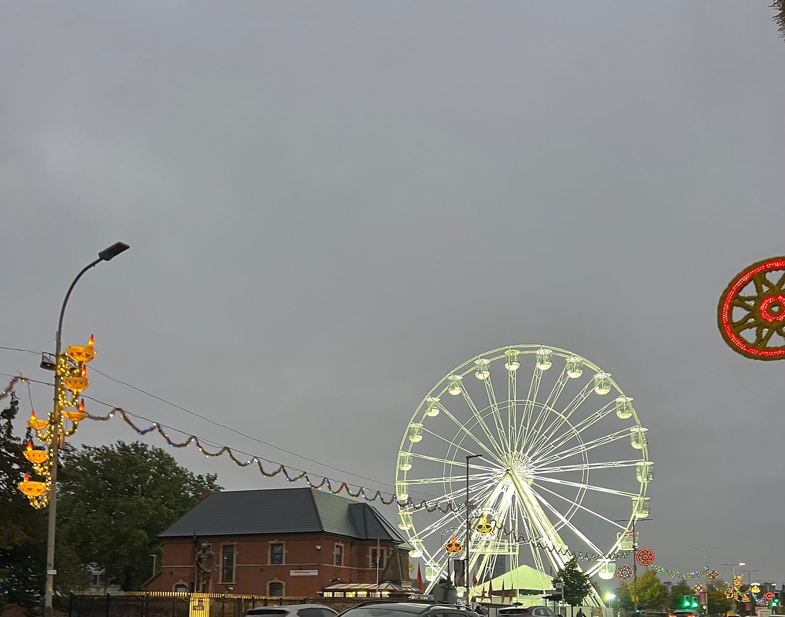 The illuminated big wheel on Leicester's Golden Mile during Diwali