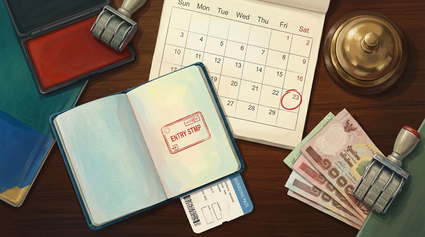 Watercolor illustration of an overhead flat-lay on a dark teak desk: an open passport with a fresh red entry stamp, a small fan of Thai baht bankno