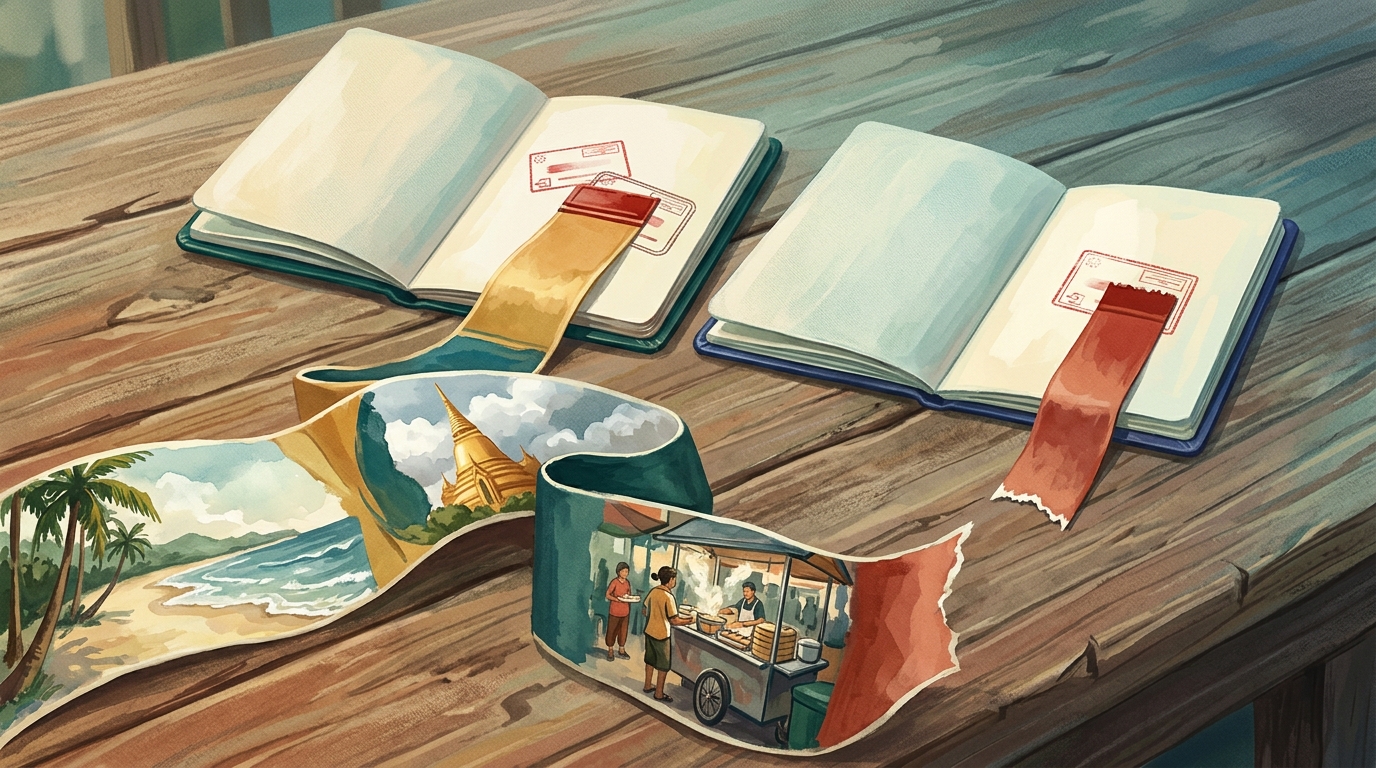 Watercolor illustration of two open passports lying side by side on a weathered wooden table, each bearing a single red entry stamp