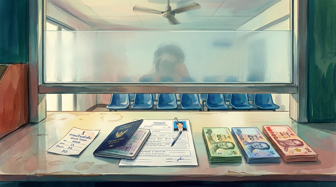 Watercolor illustration of a Thai immigration office counter still life seen from the visitor's side: a numbered paper queue ticket, a passport wit