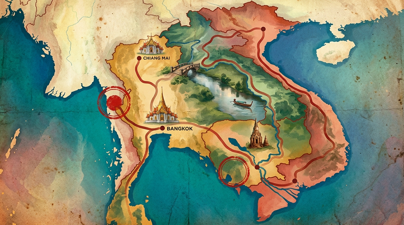 Watercolor illustration of an illustrated traveler's map of Southeast Asia on a weathered chart background, with a painted route looping from Bangk