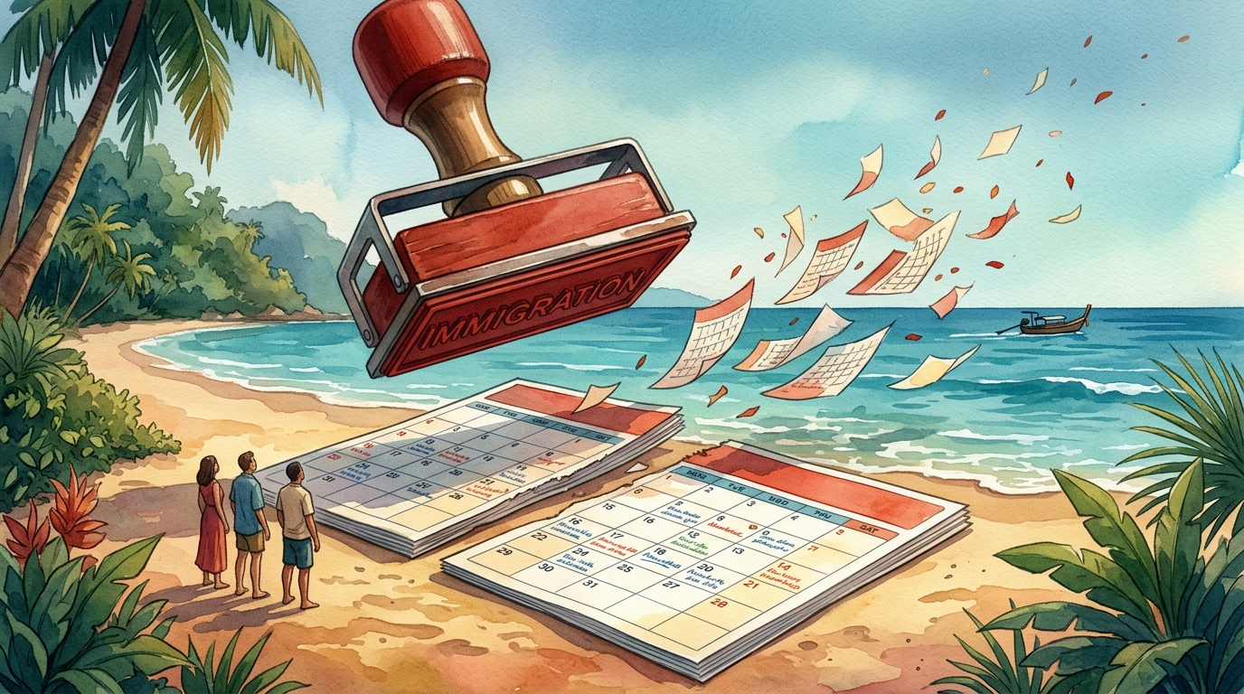 Watercolor illustration of a dramatic visual metaphor: a giant red rubber immigration stamp looming in mid-air above a paper wall calendar spread o, representing thailand new visa rules 2026
