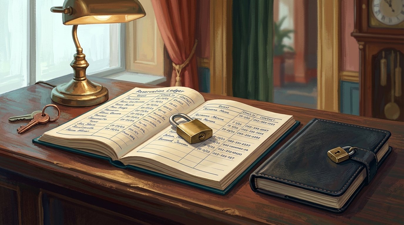 Watercolor illustration of still life of an open reservation ledger on a hotel reception desk, with handwritten guest names, check-in dates, and ph
