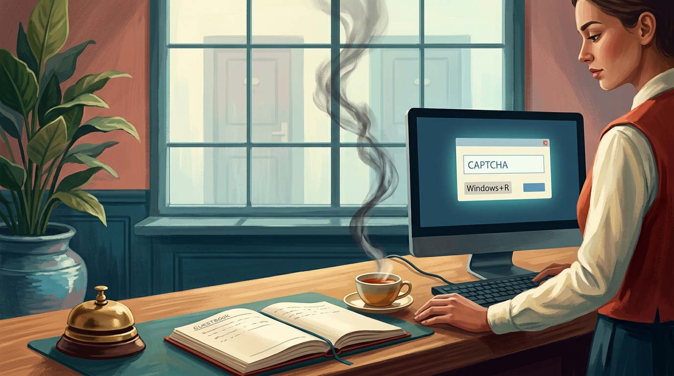 Watercolor illustration of A small-town hotel reception desk seen from a low angle — a brass bell, a guestbook, a steaming cup of tea on a saucer, 
