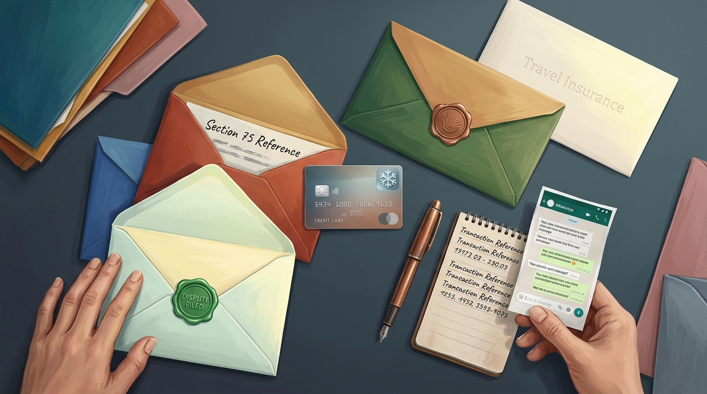 Watercolor illustration of Overhead editorial flat-lay on a deep slate-grey desk: a credit card with a small frozen-snowflake icon overlay sits at 