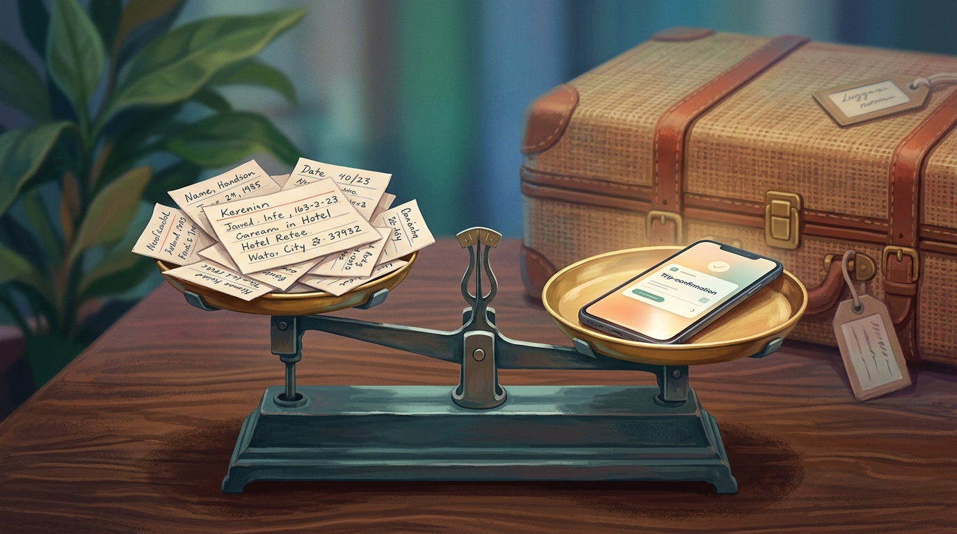 Watercolor illustration of A balanced apothecary scale on a dark walnut surface, viewed from the side