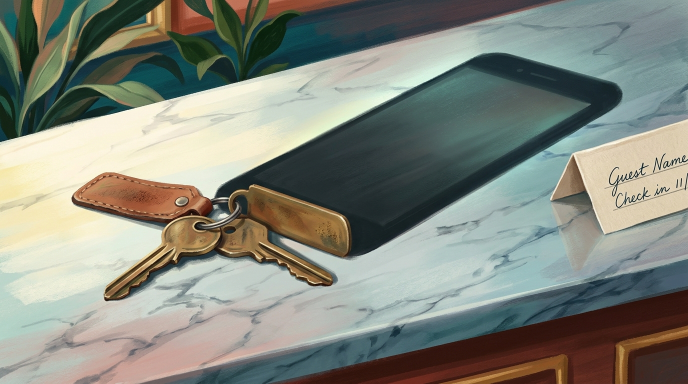 Watercolor illustration of A vintage brass hotel room key with a leather tag, resting on a marble reception counter — but a long shadow stretches f, representing booking.com whatsapp scam 2026