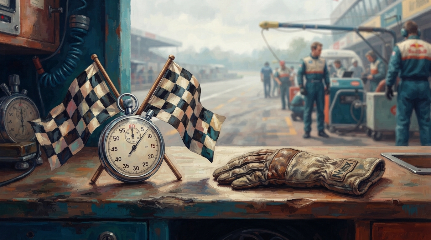 Illustration éditoriale d'un chronomètre dont les aiguilles sont figées à une fraction du temps total, posé à côté de deux drapeaux à damier croisés sur un comptage de voie des stands