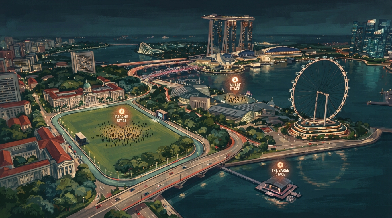 Illustration éditoriale d'une carte aérienne illustrée du Circuit Park de Marina Bay la nuit, avec de petites icônes de scène lumineuses marquant le Padang, Wharf