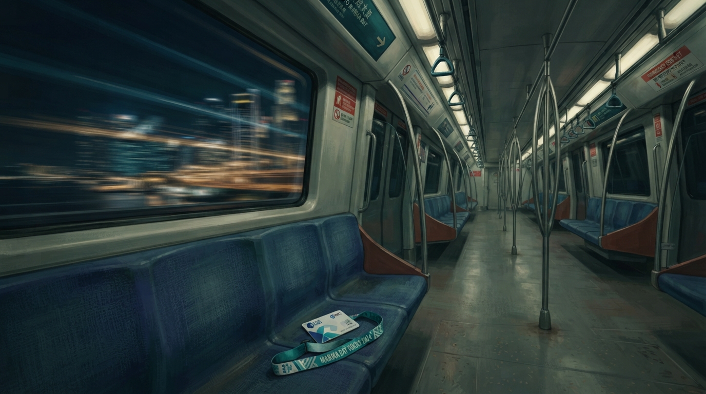 Illustration éditoriale de l'intérieur d'une rame de MRT tard le soir, presque vide, filant vers Marina Bay, les lumières de la station défilant devant la fenêtre