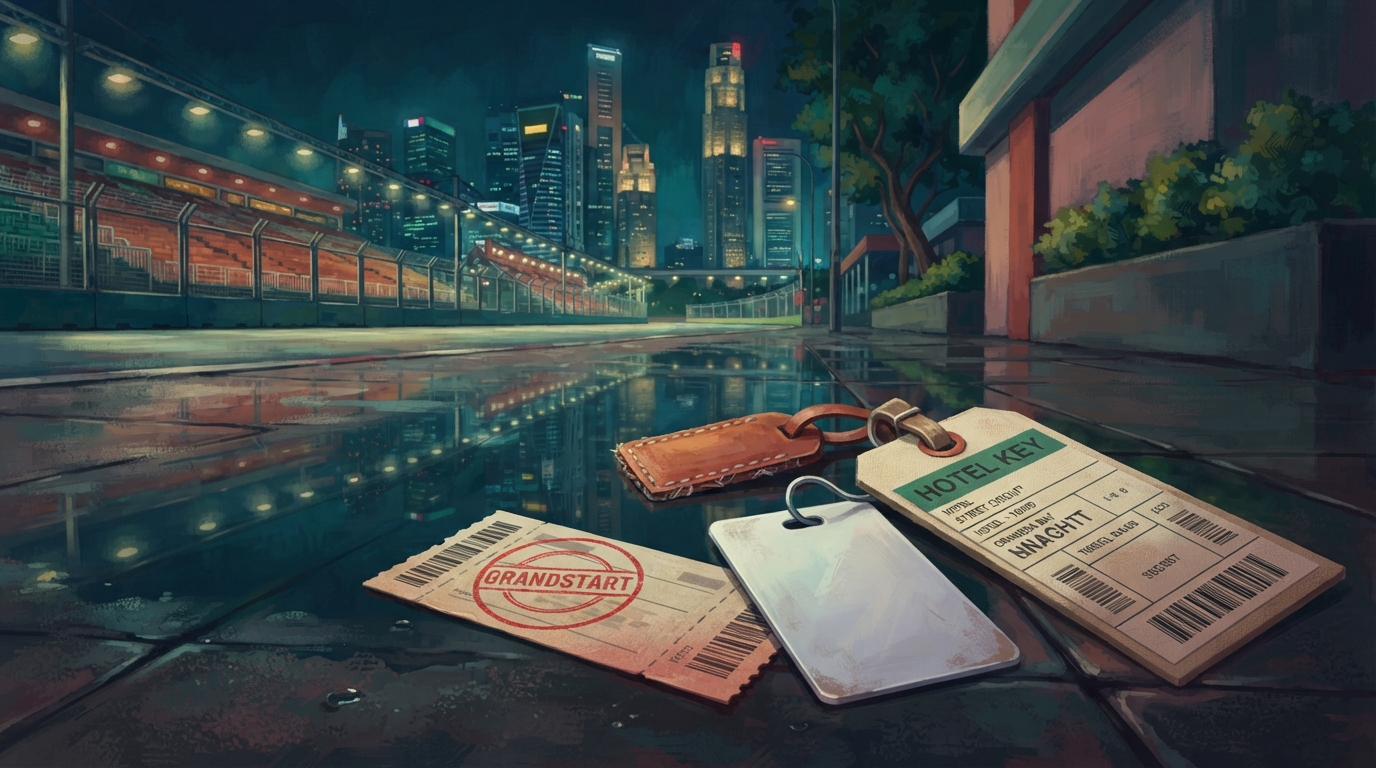 Ilustração editorial de um ingresso de arquibancada com um carimbo vermelho circular ao lado de uma chave de hotel presa a duas malas, representando o guia econômico do GP de Singapura 2026