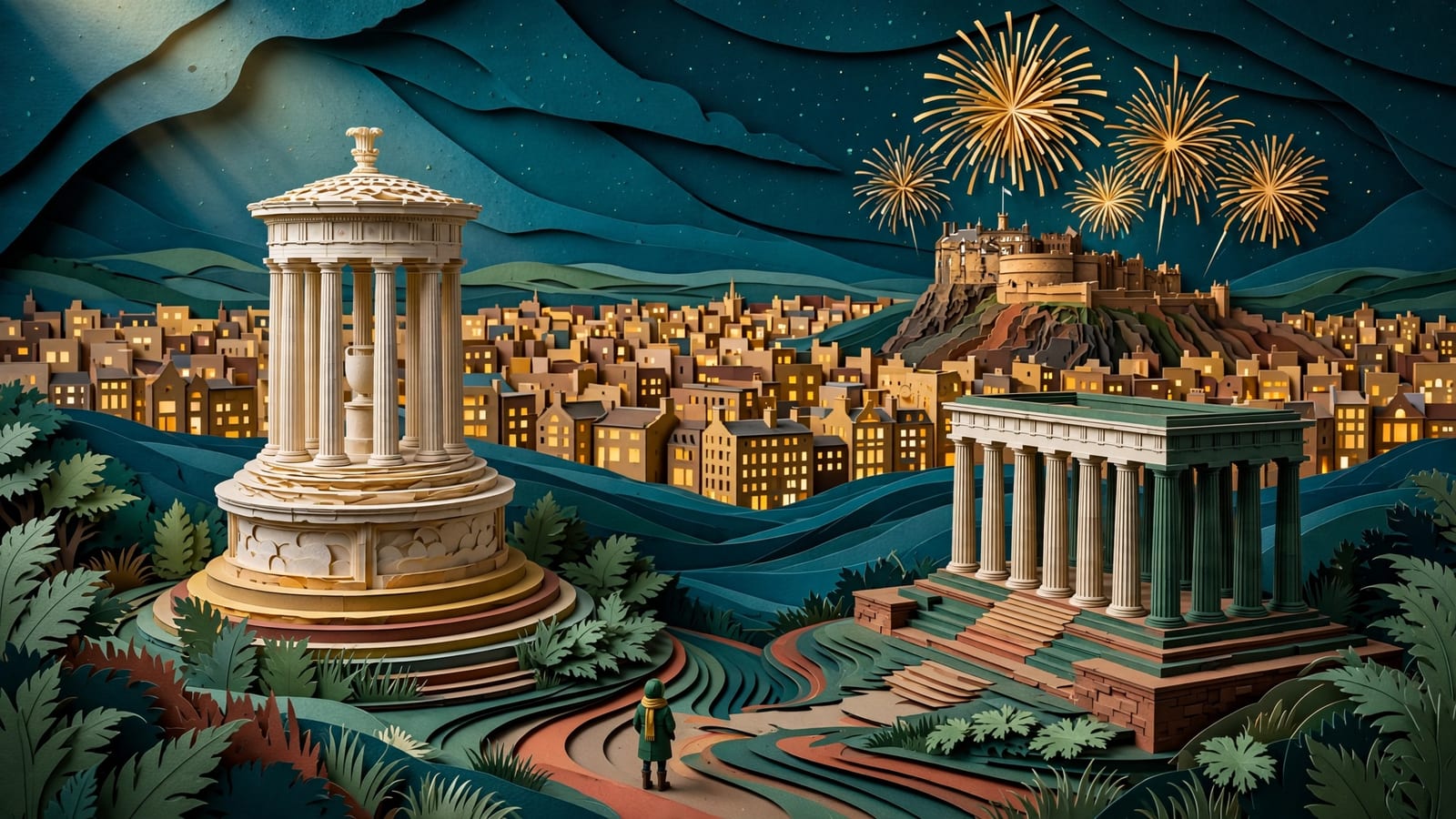 A visitor looking over Edinburgh from Calton Hill as fireworks light the Castle in the distance
