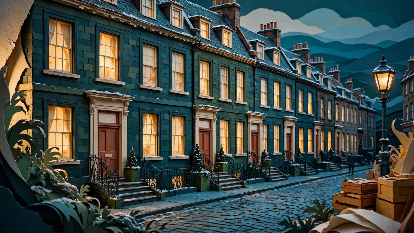 Georgian townhouses glowing with lit windows on a quiet Edinburgh street in winter