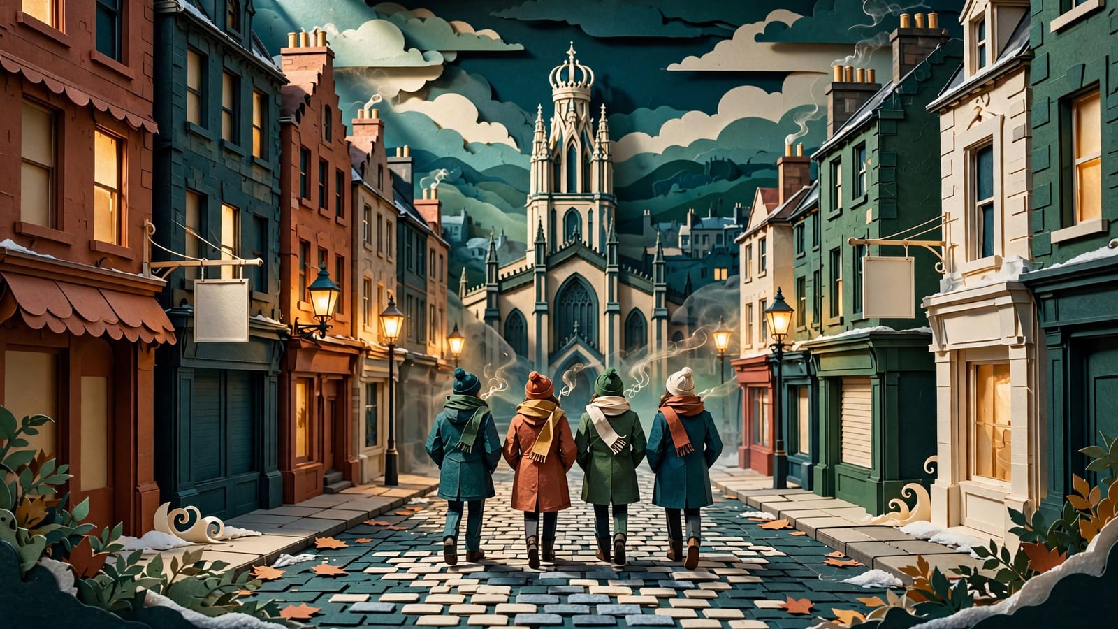 Four friends in winter coats walking along the Royal Mile in Edinburgh at night