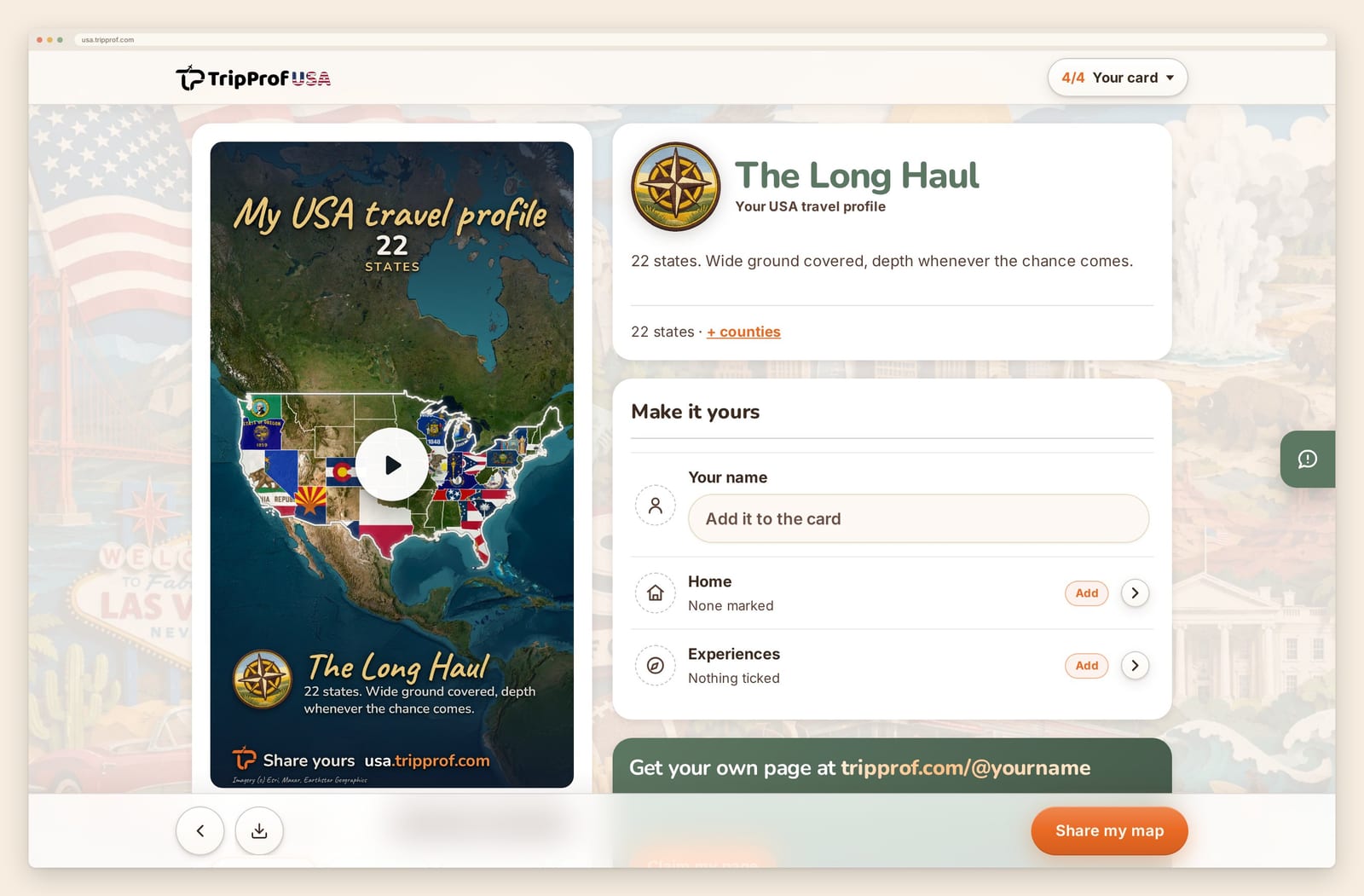 The finished USA travel profile card with a state count and a video export option.