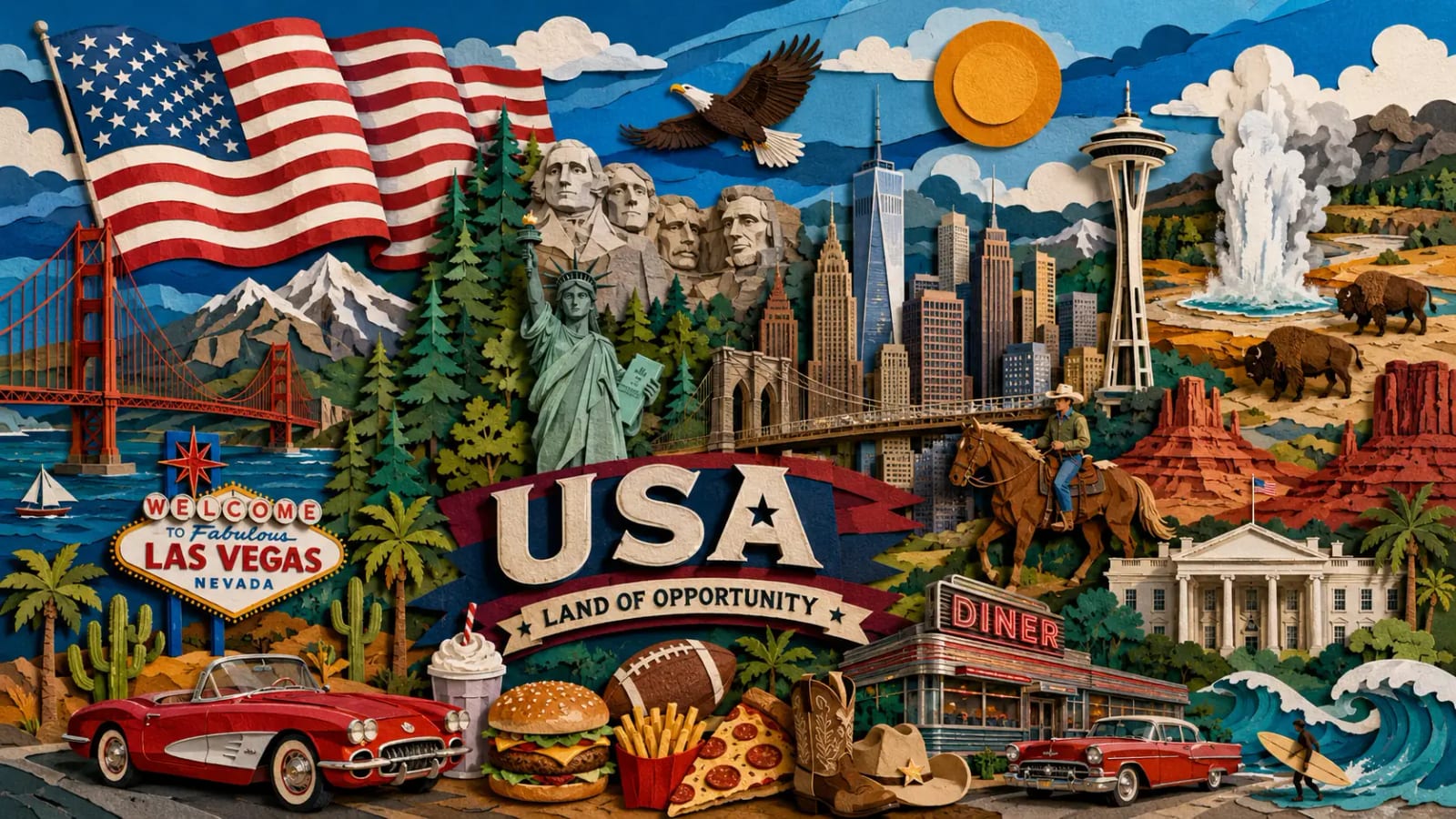 The usa.tripprof.com Americana collage: the flag, Mount Rushmore, the Golden Gate Bridge, the Las Vegas sign and a classic red convertible