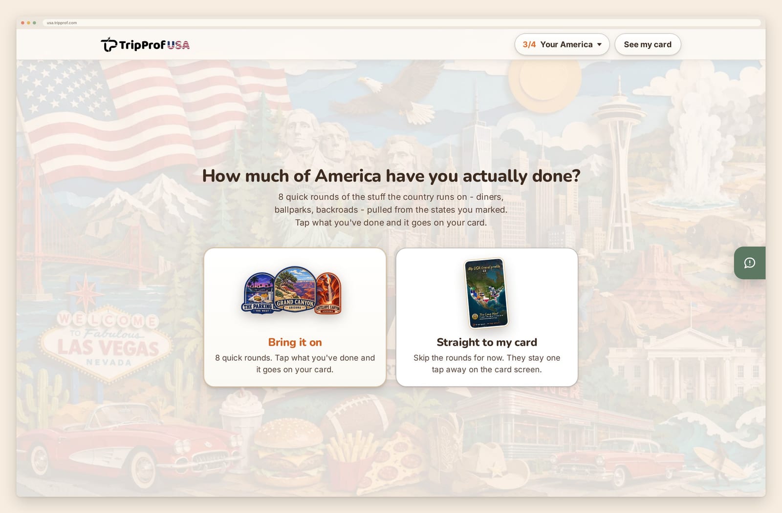 The Your America step, offering 8 quick rounds of things done or a shortcut straight to the card.
