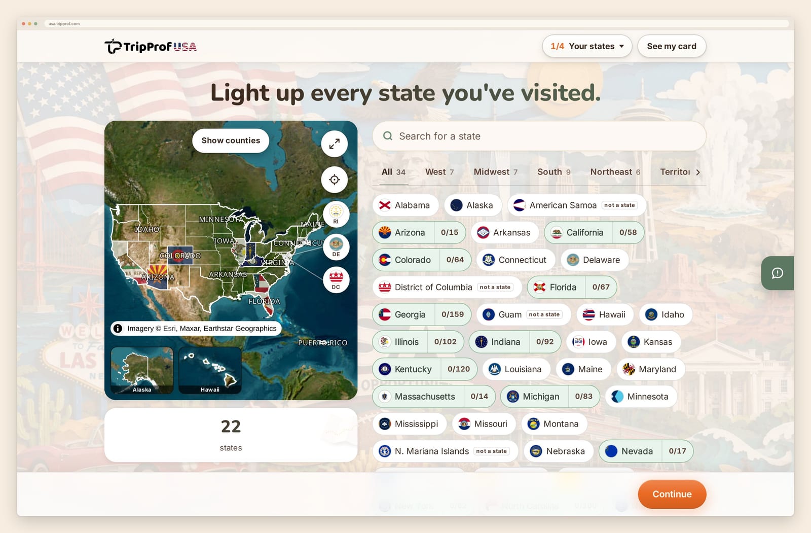 The usa.tripprof.com states screen with several states already highlighted as visited.