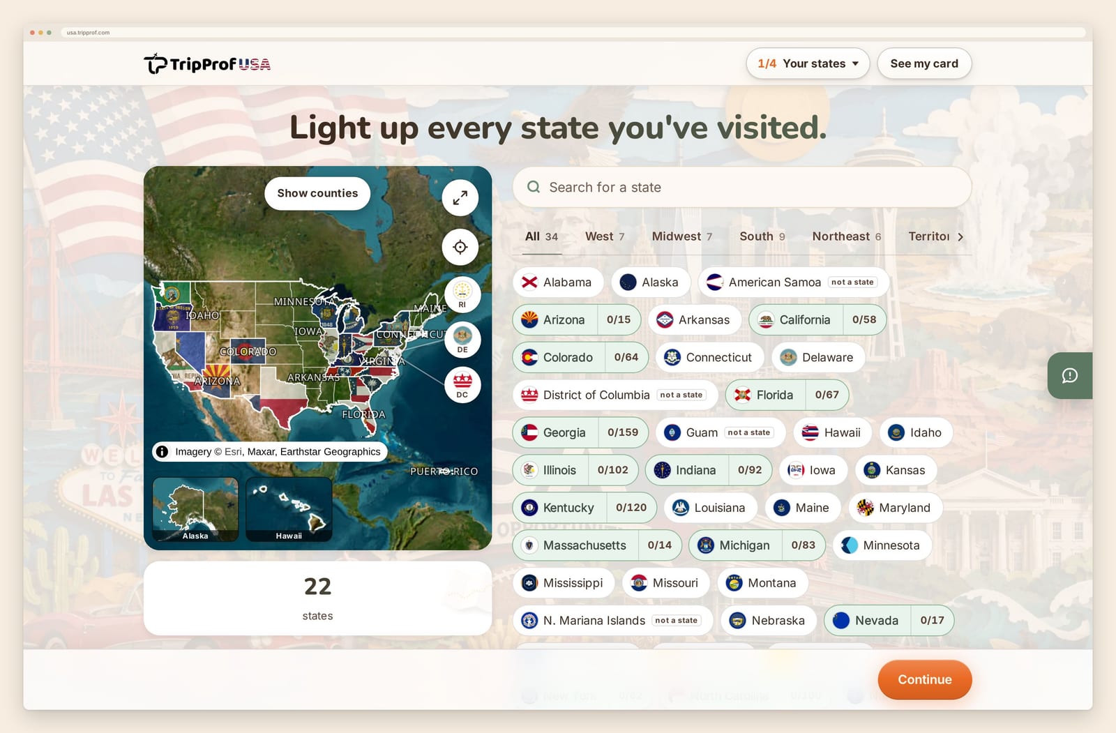 The usa.tripprof.com states screen with several states already highlighted as visited.