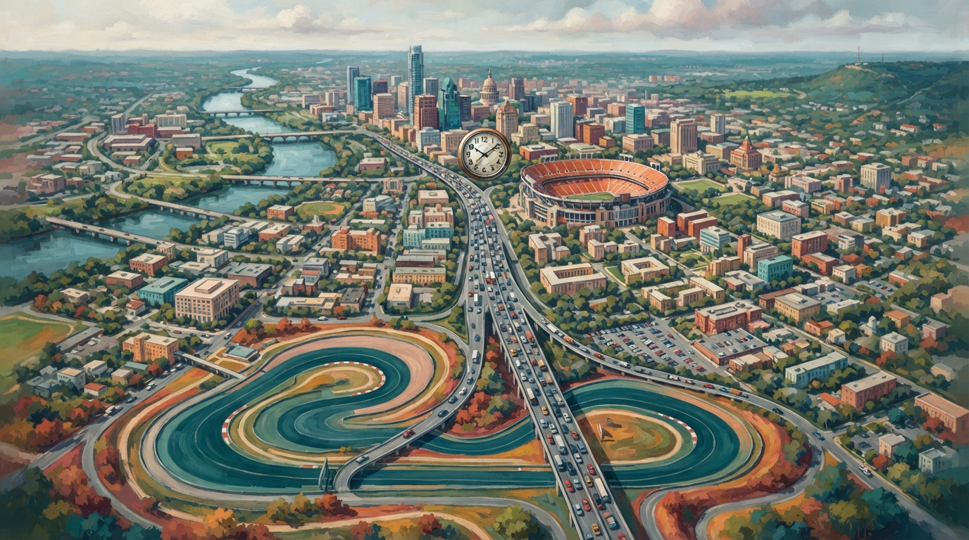 Editorial illustration of Illustrated aerial map of Austin with two collision-course routes painted in contrasting colors: the looping ribbon of t
