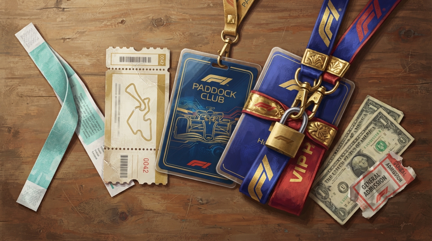 Editorial illustration of Overhead flat-lay of four F1 grandstand tickets and passes fanned out in ascending size and ornamentation, from a simple