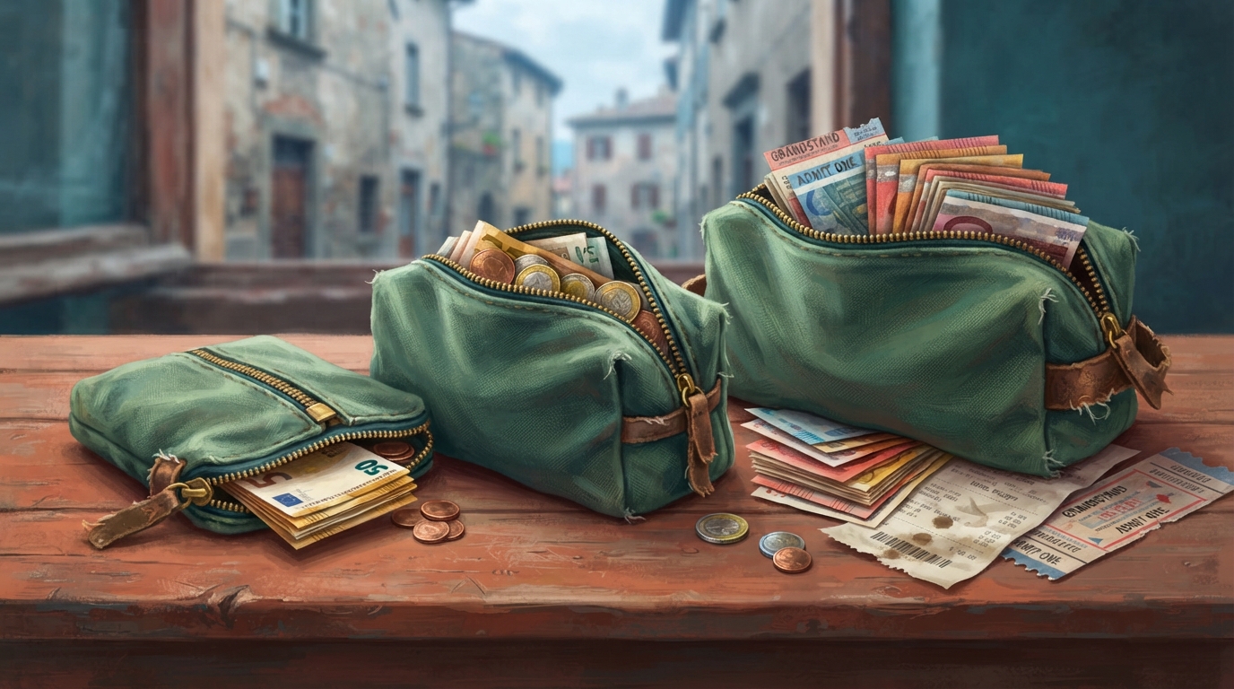 Editorial illustration of Three canvas travel pouches lined up on a weathered wooden table, each stuffed successively fuller with cash and coins, 