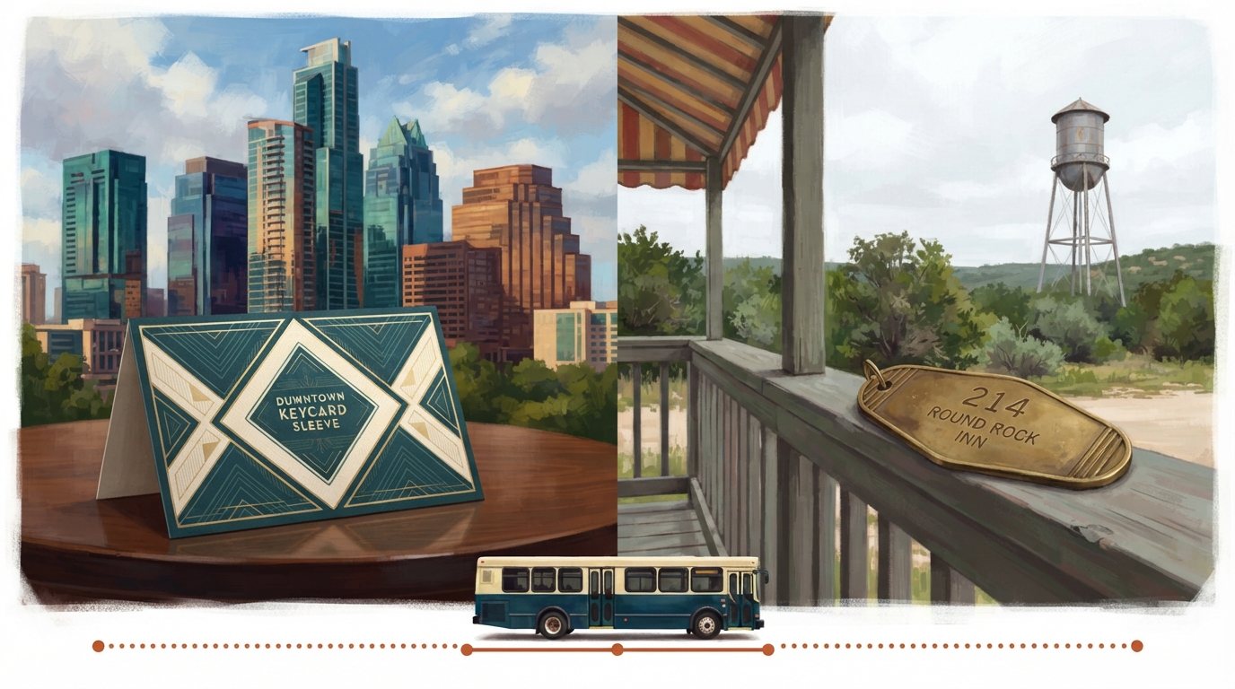 Editorial illustration of Split composition: on the left, an ornate downtown hotel keycard sleeve rests against a cluster of glassy teal skyline t